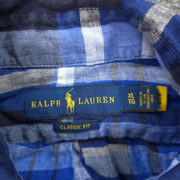 Ralph Lauren‎ Shirt Mens Extra Large Blue Plaid 100% Linen Pony Logo Dress Prep - Picture 4 of 12